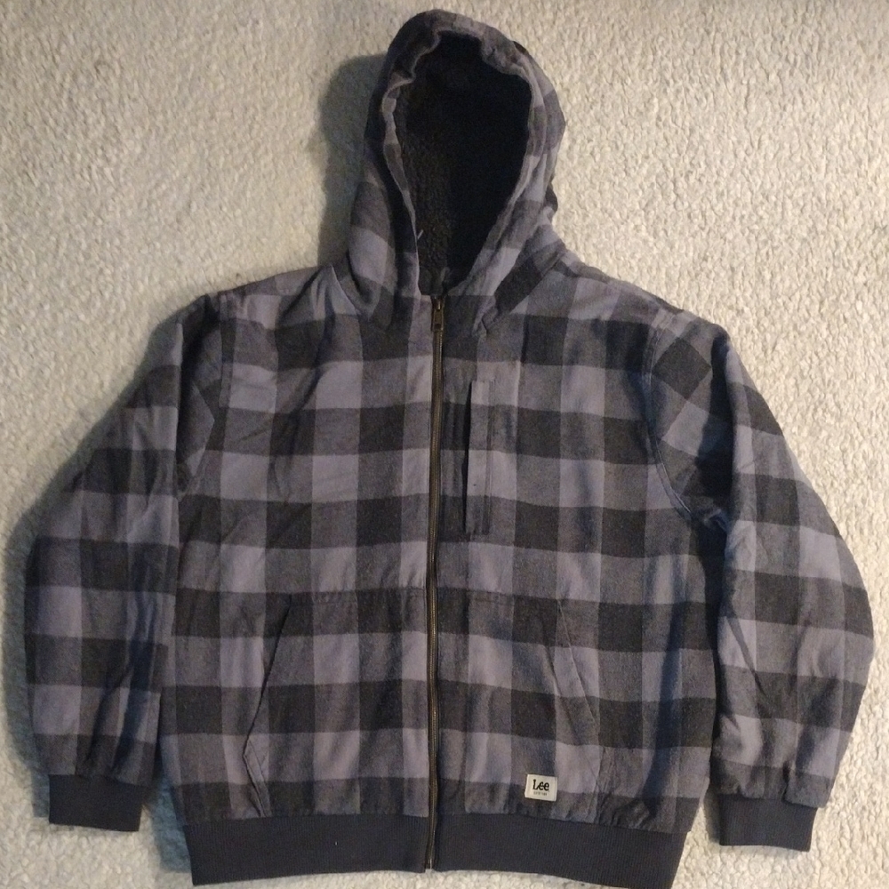Lee Size XL Gray Black Plaid Hooded Zip Jacket Hoodie